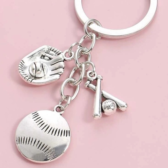 2 pcs Baseball Ball Glove Bat Charm Keychain Silver Plated Sports - Picture 1 of 6